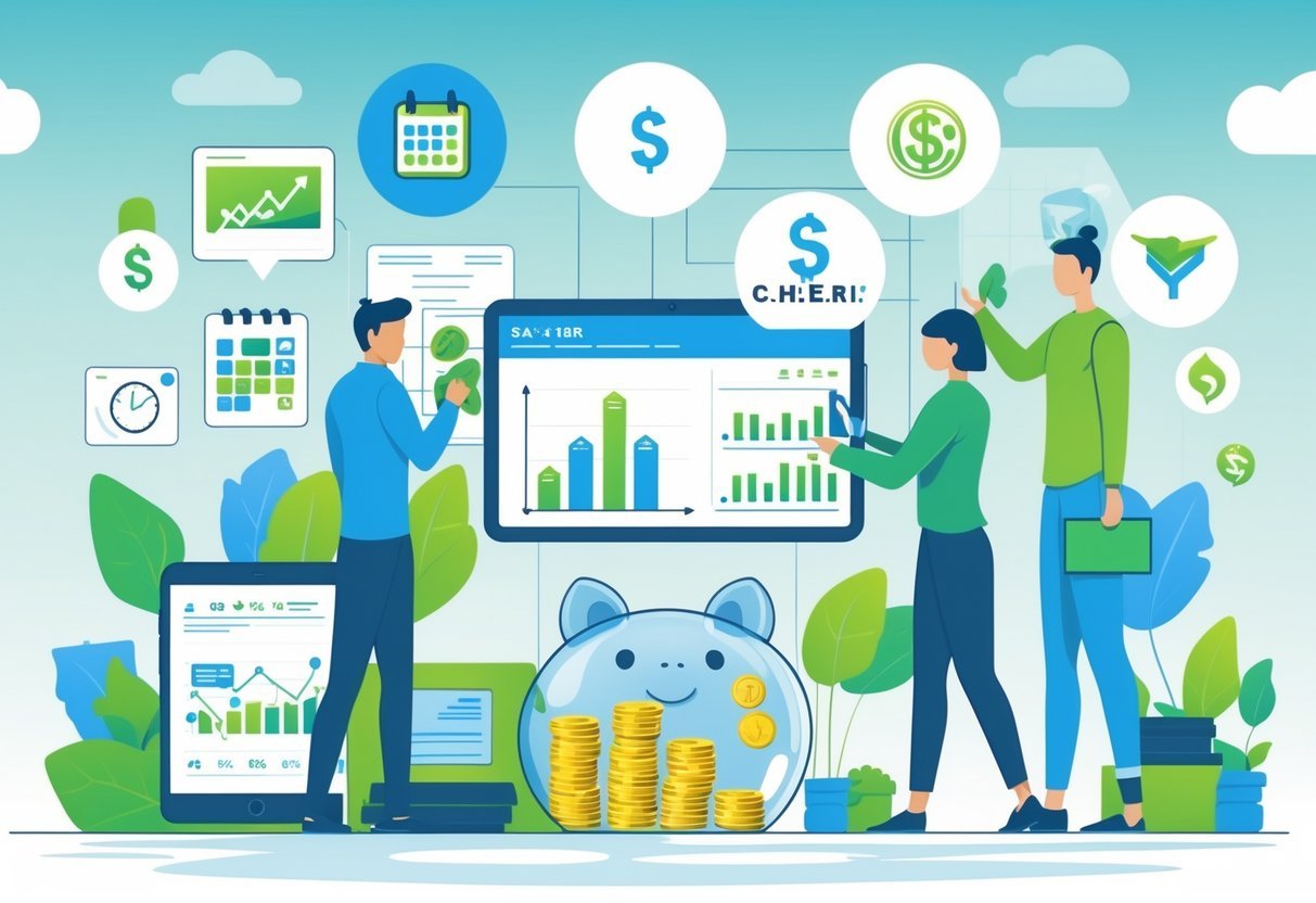 People managing their finances with digital devices and a piggy bank in an office, surrounded by icons representing steps to save money and logos of financial companies.