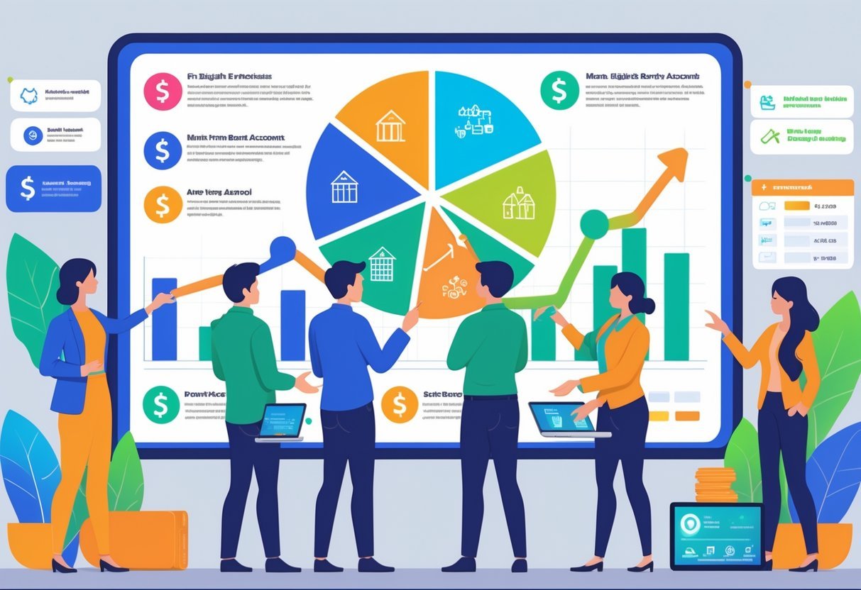 A group of employees discussing financial strategies around a digital screen showing charts and icons representing different money management options in a modern office.